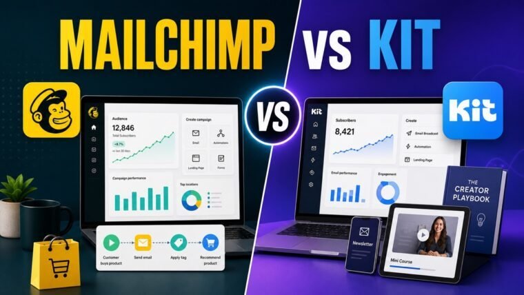 Thumbnail showing Mailchimp and Kit logos, split email dashboards, creator products, ecommerce automation for Mailchimp vs ConvertKit