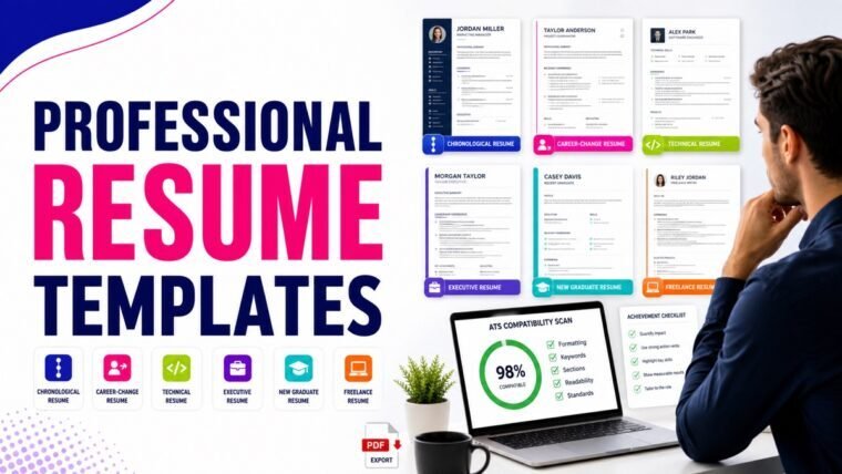 Thumbnail showing clean resumes, ATS scan, achievement bullets, PDF export for resume templates