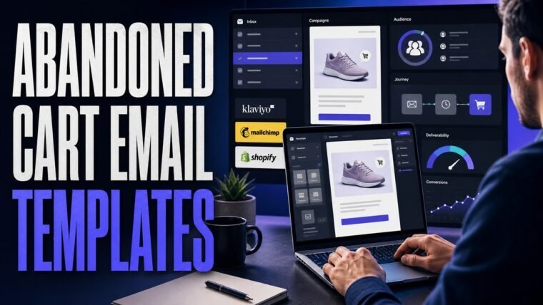 Thumbnail for abandoned cart email templates showing a modern email marketing cockpit with an inbox, campaign editor, audience segments, automation journey, deliverability gauge, and reply or conversion analytics