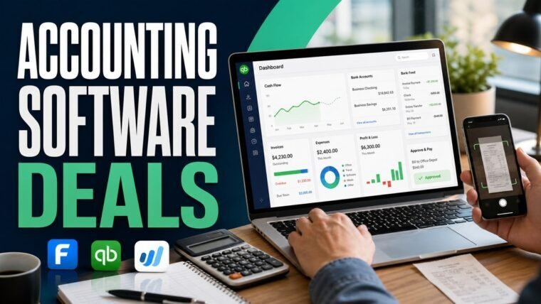Thumbnail for accounting software deals showing a welcoming small-business finance workspace with a realistic bookkeeping dashboard, bank feed, invoice, receipt capture, calculator, cash-flow chart, and approval status