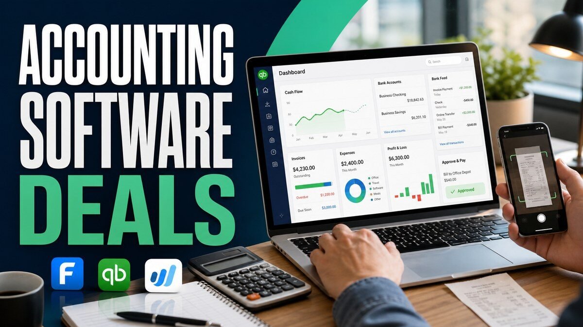 Thumbnail for accounting software deals showing a welcoming small-business finance workspace with a realistic bookkeeping dashboard, bank feed, invoice, receipt capture, calculator, cash-flow chart, and approval status