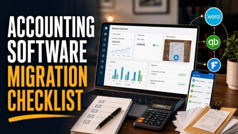 Thumbnail for accounting software migration checklist showing a welcoming small-business finance workspace with a realistic bookkeeping dashboard, bank feed, invoice, receipt capture, calculator, cash-flow chart, and