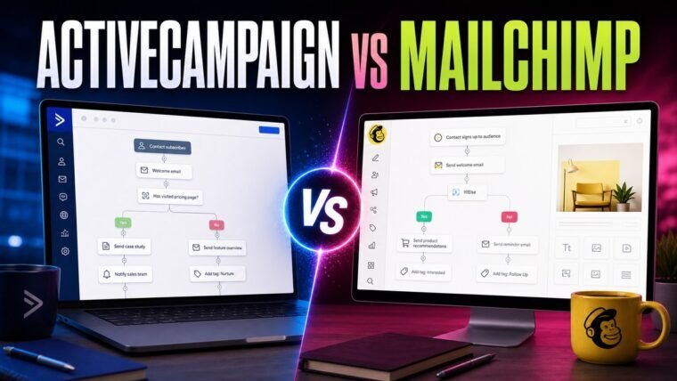 Thumbnail for ActiveCampaign vs Mailchimp showing a premium split-screen product comparison: activecampaign on the left and mailchimp on the right, each represented by a realistic, distinct workflow interface