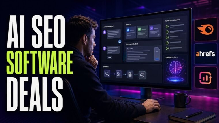 Thumbnail for AI SEO software deals showing a focused professional using an advanced ai workbench with a credible conversation panel, source cards, document context, workflow modules, verification checklist, and a