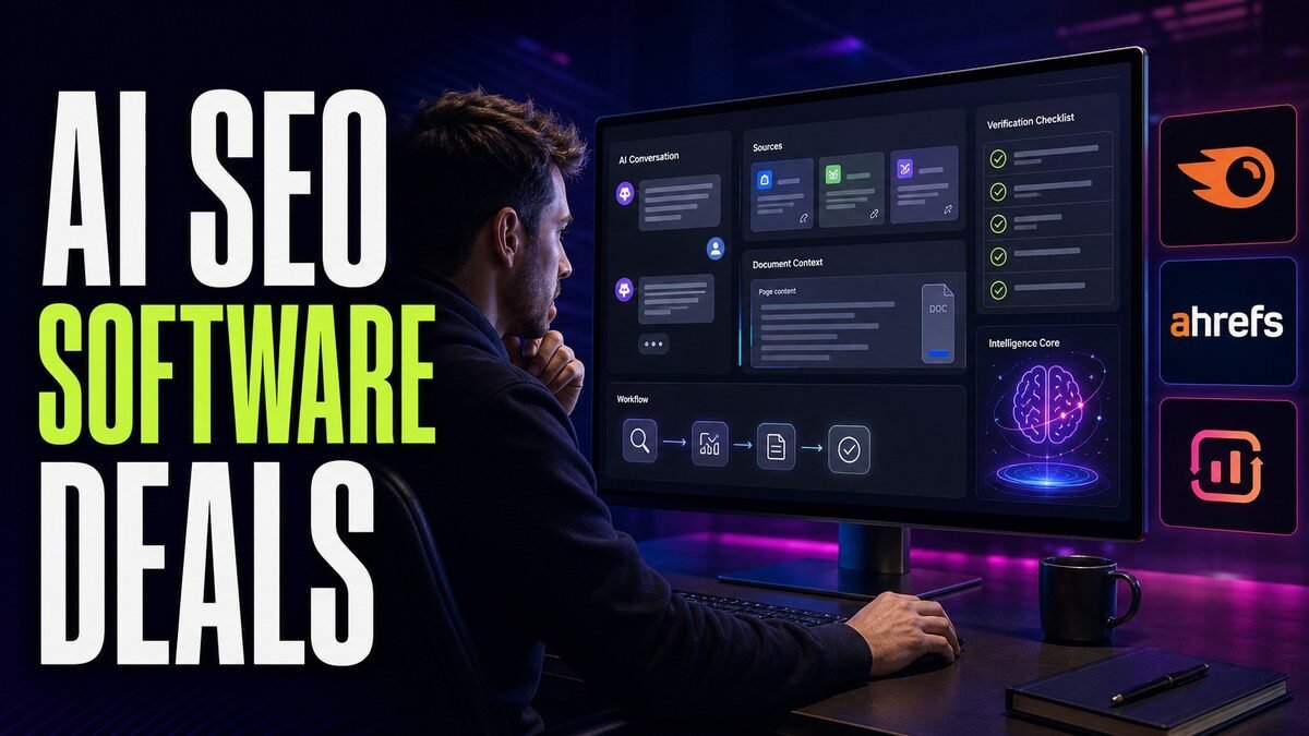 Thumbnail for AI SEO software deals showing a focused professional using an advanced ai workbench with a credible conversation panel, source cards, document context, workflow modules, verification checklist, and a