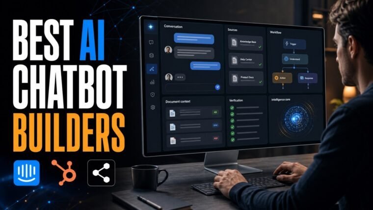 Thumbnail for best AI chatbot builders showing a focused professional using an advanced ai workbench with a credible conversation panel, source cards, document context, workflow modules, verification checklist, and a