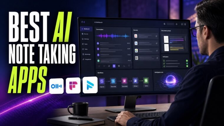 Thumbnail for best AI note taking apps showing a focused professional using an advanced ai workbench with a credible conversation panel, source cards, document context, workflow modules, verification checklist, and a