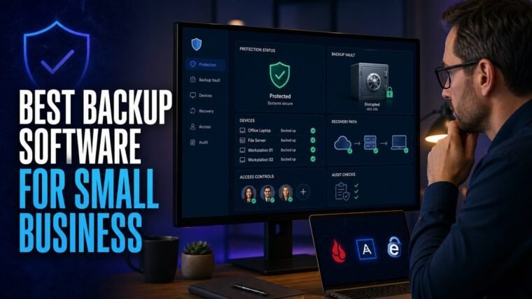 Thumbnail for best backup software for small business showing a security-conscious professional reviewing a realistic protection console with shield, encrypted vault, device status, backup recovery path, access