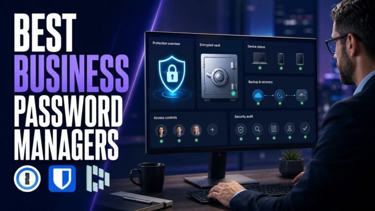 Thumbnail for best business password managers showing a security-conscious professional reviewing a realistic protection console with shield, encrypted vault, device status, backup recovery path, access controls, and
