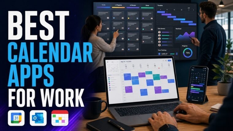 Thumbnail for best calendar apps for work showing a collaborative team workspace with a realistic kanban board, timeline, task owners, calendar, workload chart, time tracking, and progress indicators