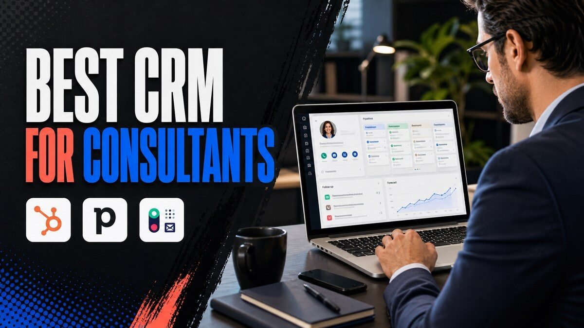 Thumbnail for best CRM for consultants showing a business professional using a realistic crm workspace with a customer profile, sales pipeline, lead cards, follow-up reminders, forecasting chart, and clean analytics