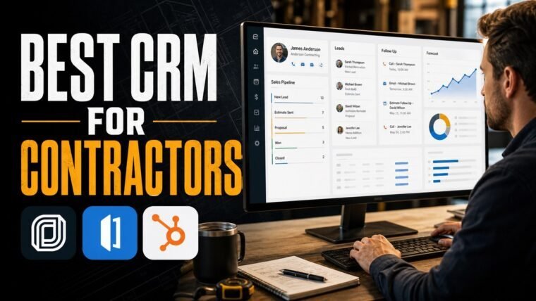 Thumbnail for best CRM for contractors showing a business professional using a realistic crm workspace with a customer profile, sales pipeline, lead cards, follow-up reminders, forecasting chart, and clean analytics