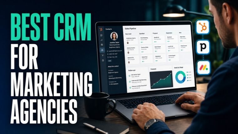 Thumbnail for best CRM for marketing agencies showing a business professional using a realistic crm workspace with a customer profile, sales pipeline, lead cards, follow-up reminders, forecasting chart, and clean