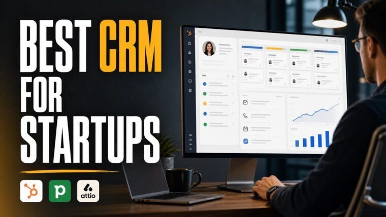 Thumbnail for best CRM for startups showing a business professional using a realistic crm workspace with a customer profile, sales pipeline, lead cards, follow-up reminders, forecasting chart, and clean analytics
