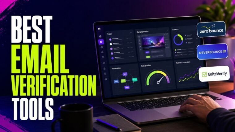 Thumbnail for best email verification tools showing a modern email marketing cockpit with an inbox, campaign editor, audience segments, automation journey, deliverability gauge, and reply or conversion analytics