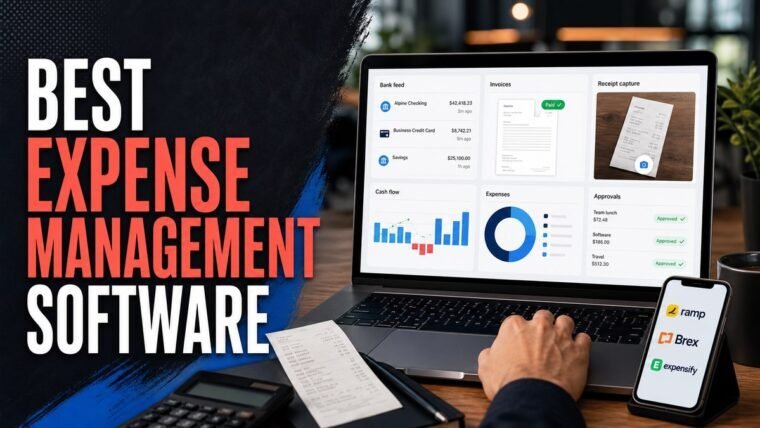 Thumbnail for best expense management software showing a welcoming small-business finance workspace with a realistic bookkeeping dashboard, bank feed, invoice, receipt capture, calculator, cash-flow chart, and approval