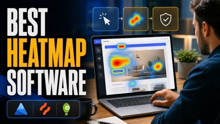 Thumbnail for best heatmap software showing a modern business professional completing the real workflow behind best heatmap software on a premium laptop, supported by realistic software ui, process cards, analytics, and
