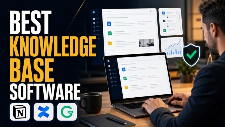 Thumbnail for best knowledge base software showing a modern business professional completing the real workflow behind best knowledge base software on a premium laptop, supported by realistic software ui, process cards,