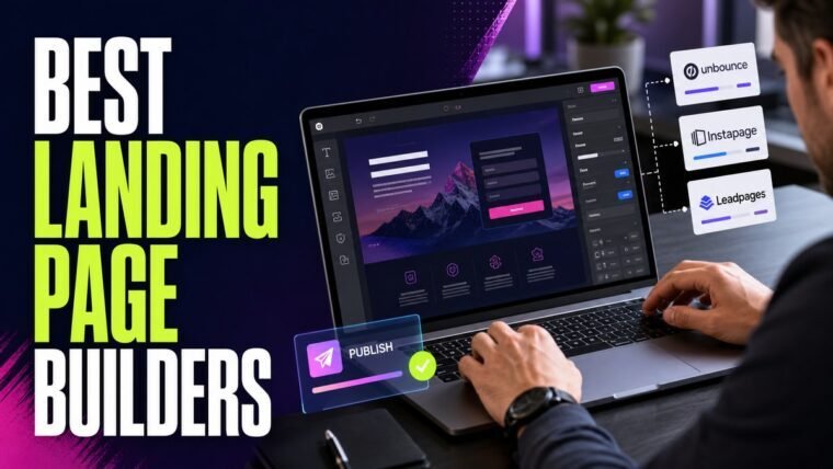 Thumbnail for best landing page builders showing a modern business professional completing the real workflow behind best landing page builders on a premium laptop, supported by realistic software ui, process cards,