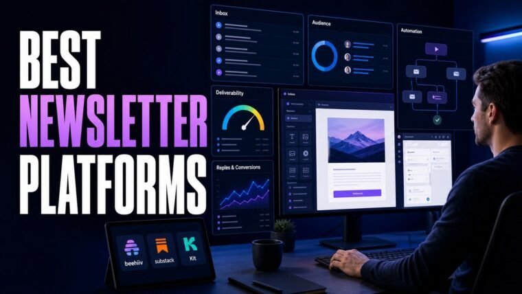Thumbnail for best newsletter platforms showing a modern email marketing cockpit with an inbox, campaign editor, audience segments, automation journey, deliverability gauge, and reply or conversion analytics
