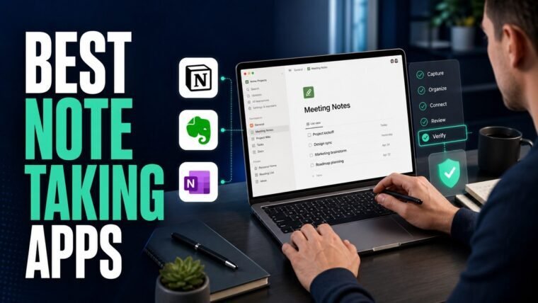 Thumbnail for best note taking apps showing a modern business professional completing the real workflow behind best note taking apps on a premium laptop, supported by realistic software ui, process cards, analytics, and