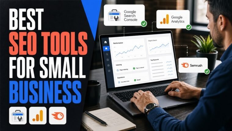Thumbnail for best SEO tools for small business showing a modern business professional completing the real workflow behind best seo tools for small business on a premium laptop, supported by realistic software ui,