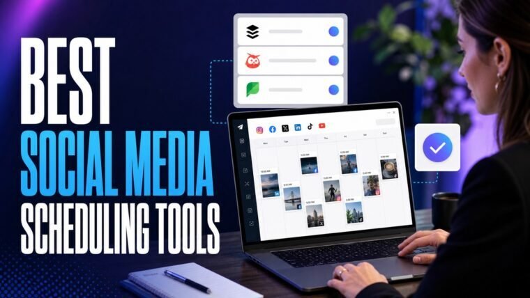 Thumbnail for best social media scheduling tools showing a modern business professional completing the real workflow behind best social media scheduling tools on a premium laptop, supported by realistic software ui,