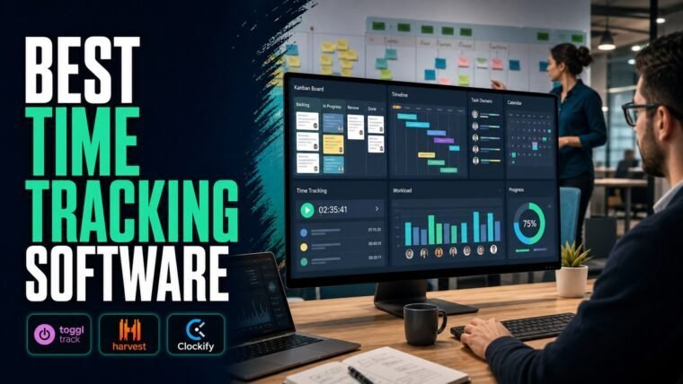 Thumbnail for best time tracking software showing a collaborative team workspace with a realistic kanban board, timeline, task owners, calendar, workload chart, time tracking, and progress indicators