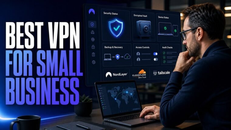 Thumbnail for best VPN for small business showing a security-conscious professional reviewing a realistic protection console with shield, encrypted vault, device status, backup recovery path, access controls, and audit