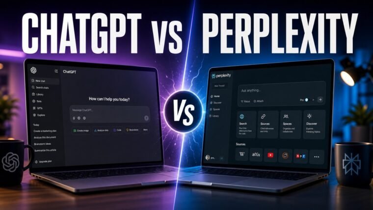 Thumbnail for ChatGPT vs Perplexity showing a premium split-screen product comparison: chatgpt on the left and perplexity on the right, each represented by a realistic, distinct workflow interface