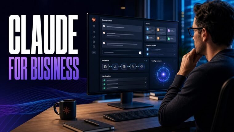 Thumbnail for Claude for business showing a focused professional using an advanced ai workbench with a credible conversation panel, source cards, document context, workflow modules, verification checklist, and a subtle