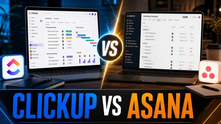 Thumbnail for ClickUp vs Asana showing a premium split-screen product comparison: clickup on the left and asana on the right, each represented by a realistic, distinct workflow interface