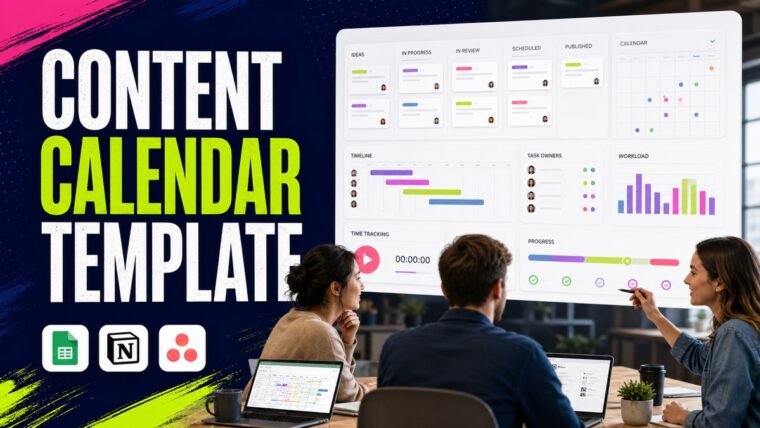 Thumbnail for content calendar template showing a collaborative team workspace with a realistic kanban board, timeline, task owners, calendar, workload chart, time tracking, and progress indicators