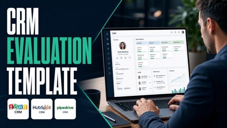 Thumbnail for CRM evaluation template showing a business professional using a realistic crm workspace with a customer profile, sales pipeline, lead cards, follow-up reminders, forecasting chart, and clean analytics