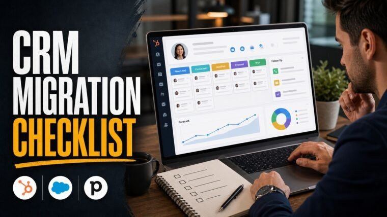 Thumbnail for CRM migration checklist showing a business professional using a realistic crm workspace with a customer profile, sales pipeline, lead cards, follow-up reminders, forecasting chart, and clean analytics