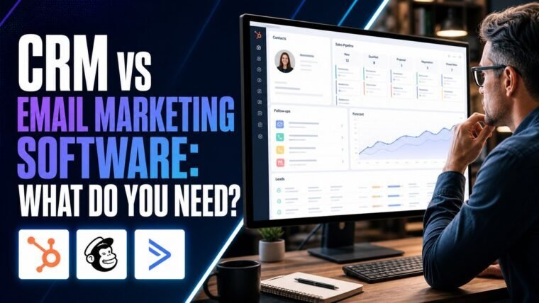 Thumbnail for CRM vs email marketing software showing a business professional using a realistic crm workspace with a customer profile, sales pipeline, lead cards, follow-up reminders, forecasting chart, and clean