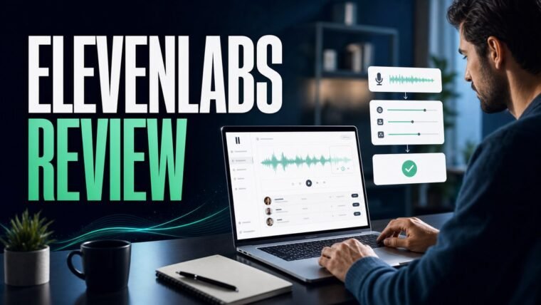 Thumbnail for ElevenLabs review showing a modern business professional completing the real workflow behind elevenlabs review on a premium laptop, supported by realistic software ui, process cards, analytics, and a clear
