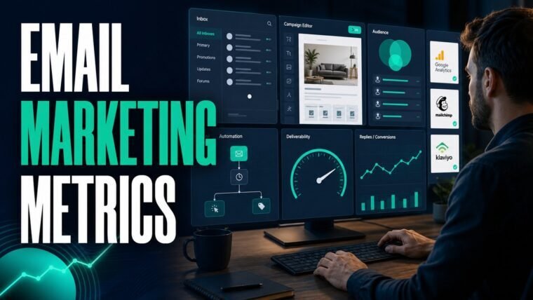 Thumbnail for email marketing metrics showing a modern email marketing cockpit with an inbox, campaign editor, audience segments, automation journey, deliverability gauge, and reply or conversion analytics