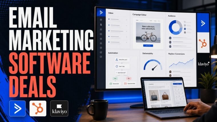 Thumbnail for email marketing software deals showing a modern email marketing cockpit with an inbox, campaign editor, audience segments, automation journey, deliverability gauge, and reply or conversion analytics