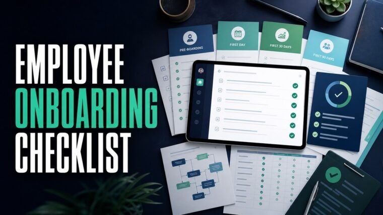Thumbnail for employee onboarding checklist showing a top-down premium operations desk where several polished, color-coded templates, checklists, scorecards, and workflow cards fan out from one central brief, with a