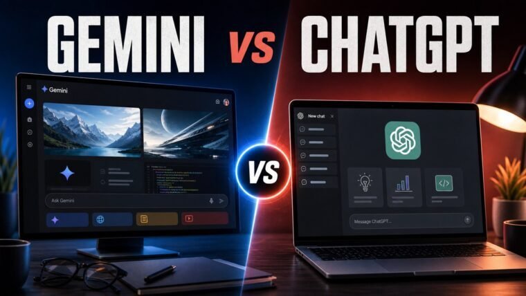 Thumbnail for Gemini vs ChatGPT showing a premium split-screen product comparison: google gemini on the left and chatgpt on the right, each represented by a realistic, distinct workflow interface