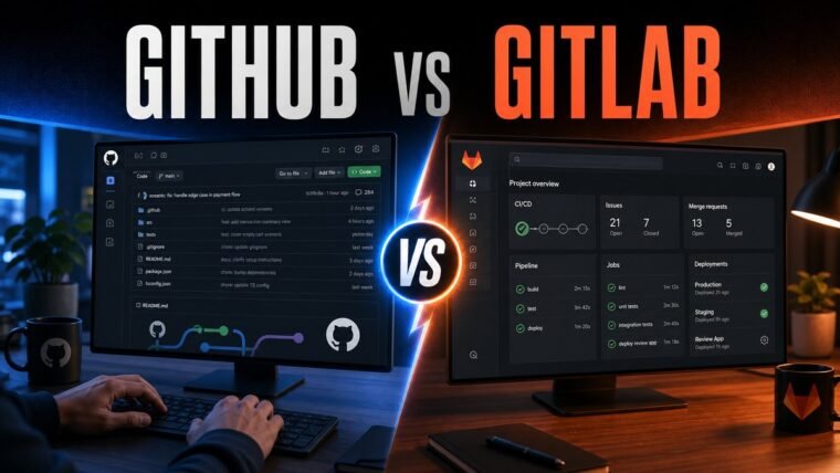 Thumbnail for GitHub vs GitLab showing a premium split-screen product comparison: github on the left and gitlab on the right, each represented by a realistic, distinct workflow interface