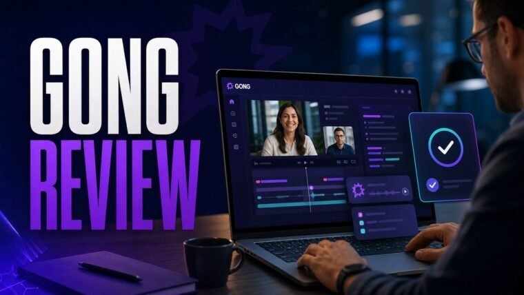 Thumbnail for Gong review showing a modern business professional completing the real workflow behind gong review on a premium laptop, supported by realistic software ui, process cards, analytics, and a clear