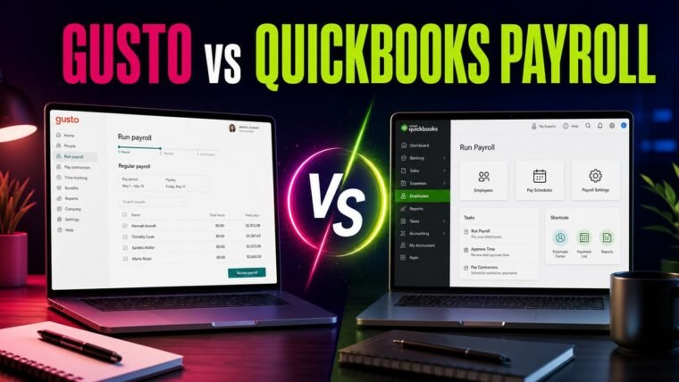 Thumbnail for Gusto vs QuickBooks Payroll showing a premium split-screen product comparison: gusto on the left and quickbooks payroll on the right, each represented by a realistic, distinct workflow interface