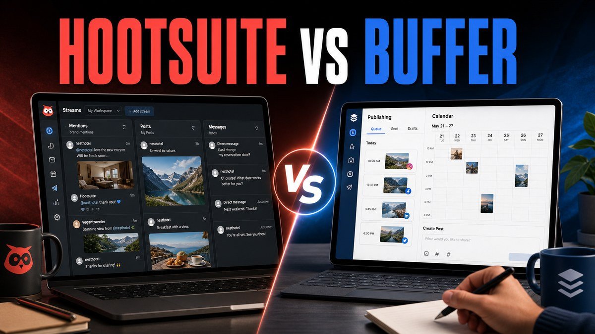 Thumbnail for Hootsuite vs Buffer showing a premium split-screen product comparison: hootsuite on the left and buffer on the right, each represented by a realistic, distinct workflow interface