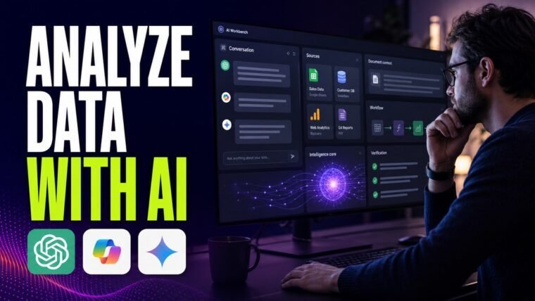 Thumbnail for how to analyze data with AI showing a focused professional using an advanced ai workbench with a credible conversation panel, source cards, document context, workflow modules, verification checklist, and a