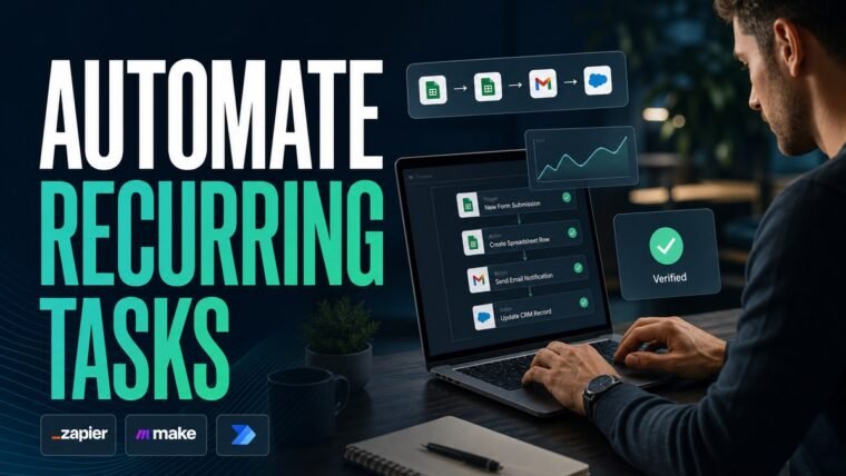 Thumbnail for how to automate recurring tasks showing a modern business professional completing the real workflow behind how to automate recurring tasks on a premium laptop, supported by realistic software ui, process