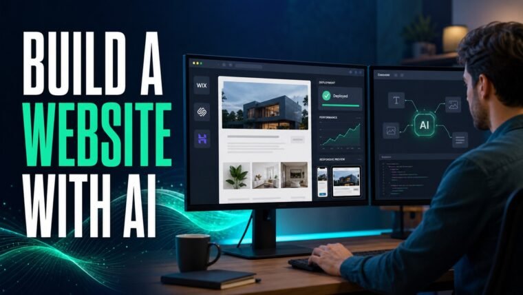 Thumbnail for how to build a website with AI showing a developer or site owner at a dual-monitor workspace with a realistic website builder or cloud console, deployment status, performance chart, content blocks, and