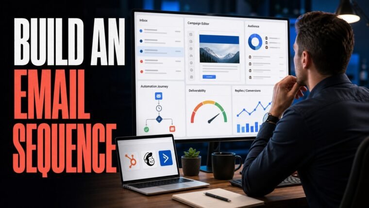 Thumbnail for how to build an email sequence showing a modern email marketing cockpit with an inbox, campaign editor, audience segments, automation journey, deliverability gauge, and reply or conversion analytics