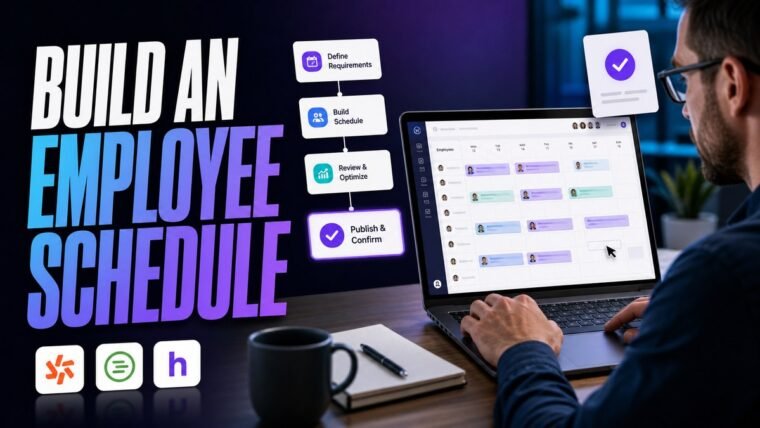 Thumbnail for how to build an employee schedule showing a modern business professional completing the real workflow behind how to build an employee schedule on a premium laptop, supported by realistic software ui,